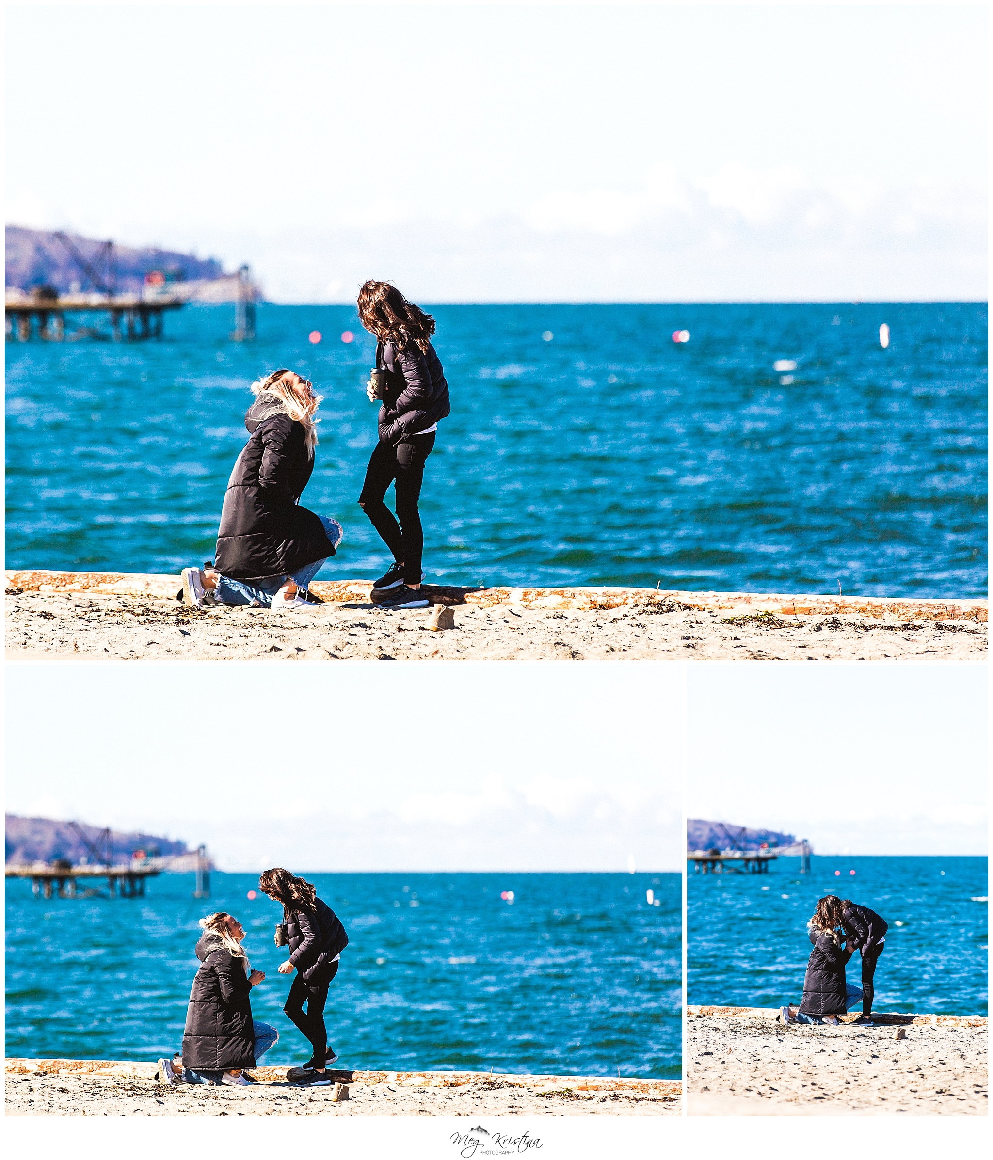 getting down on one knee to propose to her partner of 4 years on Kitsilano beach during a proposal shoot